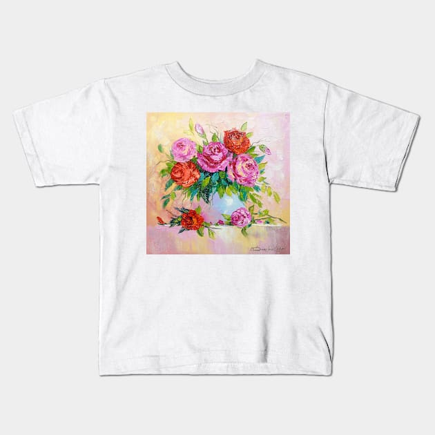 Bouquet of roses in a vase Kids T-Shirt by OLHADARCHUKART